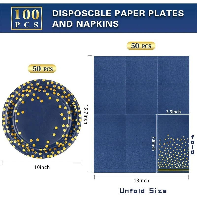 100PCS Blue And Gold Party Decorations, Blue Paper Plates And Napkins For Birthday Wedding Graduation Holiday Party Decorations, Serve 50 suppliers